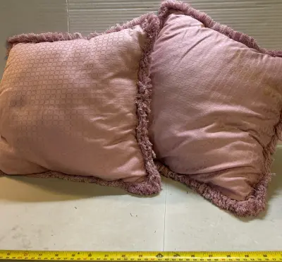 2 pink throw pillows 1 stained