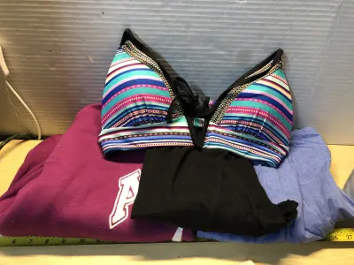 Large swimsuit top, large leggings, medium sweatshirt , medium night gown