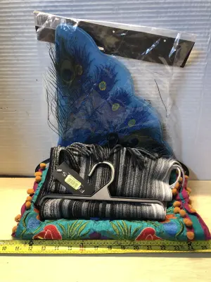 Peacock feathers, scarf, table runner