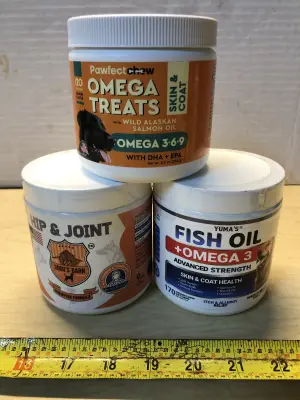 120 chews skin and coat omega treats exp:5/20/26, 120 hip and joint chews exp:6/27, 170 chews fish oil omega 3 itch and allergy exp:2/28