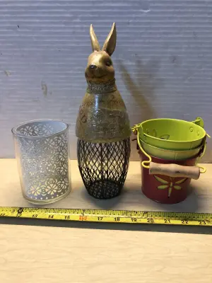 3pc metal buckets, two candle holders