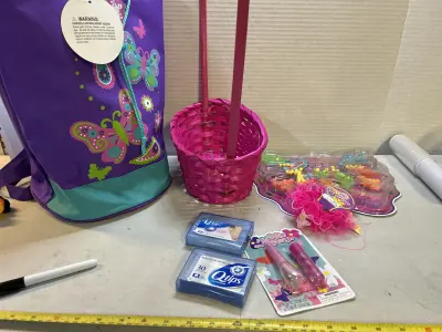 bag,bakset,beads,qtips,scrunchy, play makeup