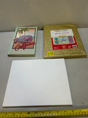 2 blank canvases, glitter canvas, notebook