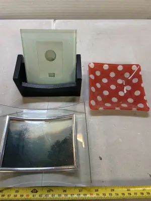 4 picture frame coasters, glass dish, picture frame