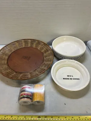 2 bowls , salt and pepper shakers, fruit plate