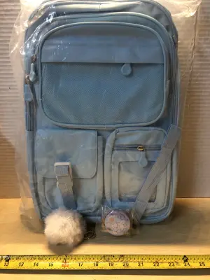Blue backpack with keychain and pin