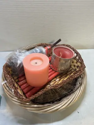 shelf, baskets, candles needs cleaned