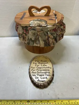 sewing basket, small chip , Christian wall decor