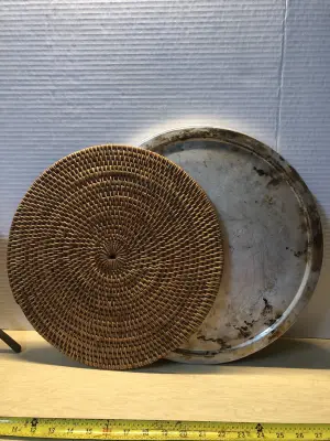 6 aluminum round pans used with some spots and woven hot plate disk