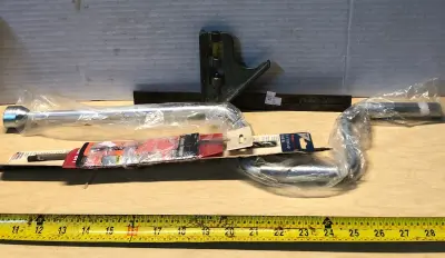 Tire iron, speed square, 3 drill bits