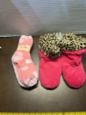 house shoes & 2 large fuzzy socks!