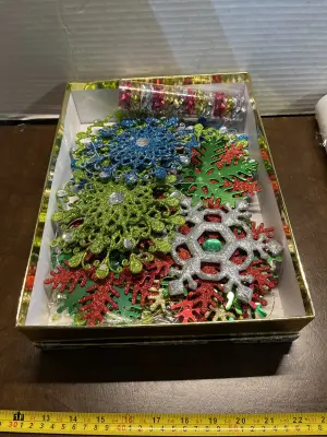 decorative gift box and Christmas ornaments