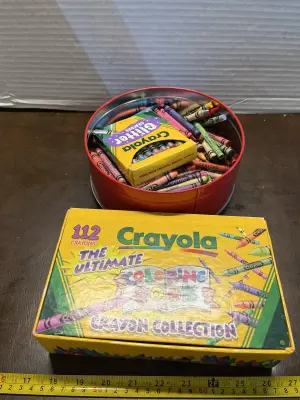 tin of crayons & 112pk of crayons