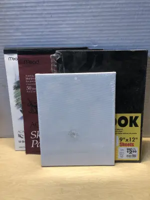 2 sketch pads, one sketch book and 3 blank canvas
