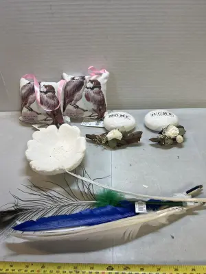 decor lot with feathered pens