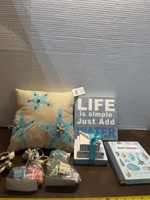 bag of pillow & wall decor & book