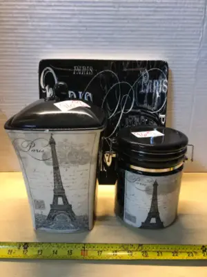 2pc Paris canister set chipped and Paris plate