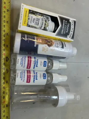hand sanitizer, foaming bottle, poo pourri, dog calming spray