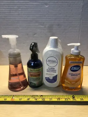 10oz foaming hand wash, 8oz silica spray, 500ml floor cleaner, 11oz antibacterial hand soap