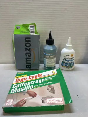 tape caulk, grout refreshers, mold stain remover, washing machine