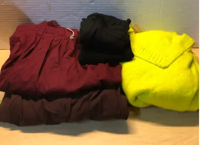 2 pair size 2R wide leg pants, 2 size xxs black shirts and xxs sweater