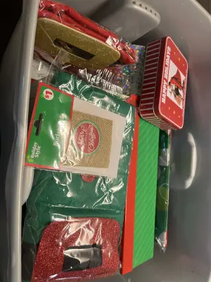 large tote of christmas supplies