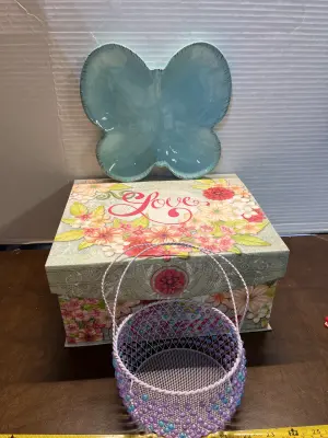 decorative box ,beaded basket and butterfly tray