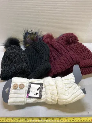 4 hats and leg warmers