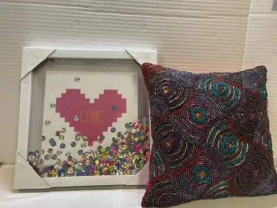 beaded pillow and wall decor
