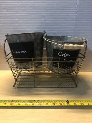 Wire basket and 2 metal buckets