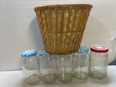 5 empty jars and basket