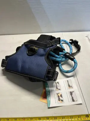 dog harness, and leash