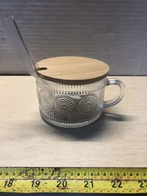 4pc glass cup set with lids and spoons