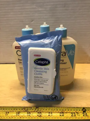 Pack of gentle cleansing cloths 3 bottles lids broken  16oz cerave renewal cleanser