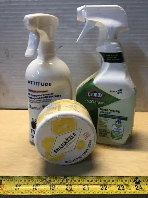 27.1oz attitude all purpose cleaner, tub of shadazzle lemon cleaner and polish, 32oz Clorox disinfecting cleaner