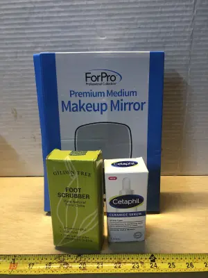 Premium makeup mirror, foot scrubber, 1oz cetaphil serum
