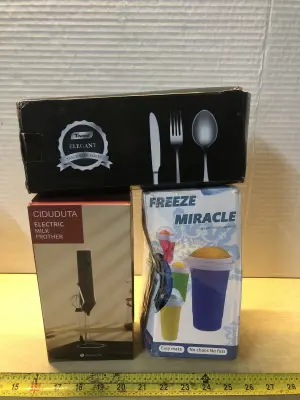 Box of elegant tableware, electric milk frother, freeze miracle cup