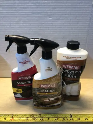 22oz Weiman cooktop cleaner, 22oz Weiman leather cleaner, 32oz Weiman hardwood floor polish