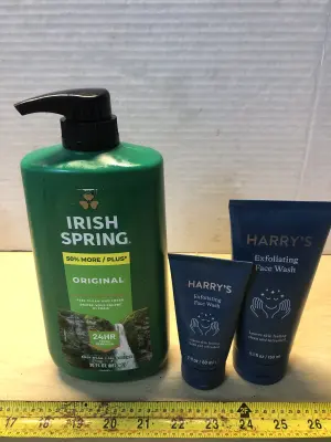 30oz Irish spring body wash, 2oz Harry’s face wash, 5.1oz Harry’s face wash