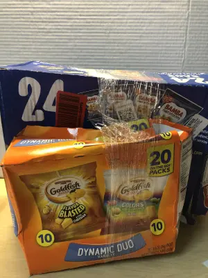 Bamba peanut butter puffs exp:9/20/26, mixed box of Goldfish crackers exp:10/18/26