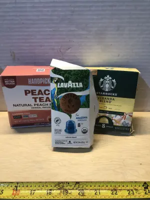 80 Handpick peach tea bags exp:8/27, 10 capsules LavAzza coffee exp:5/30/27, 8 capsules Starbucks Veranda blend coffee exp:6/13/25