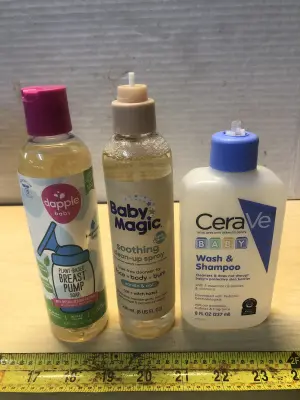 8oz dapple baby breast pump soap, 8oz baby magic soothing spray cap broke, 8oz cerave baby wash and shampoo cap broke