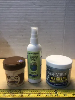 8oz Eco coconut oil styling gel, 8oz earth bath shea butter spray, 13.75oz blue magic styling conditioner