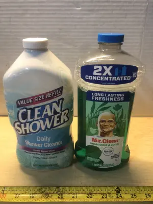 60oz daily shower clean, 41oz mr clean multisurface cleaner spilled some