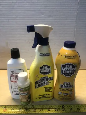 14oz Rock Doctor countertop spot and ring remover, 4oz coffee maker descaler, 25.4oz bar keepers friend multipurpose cleaner, 26oz bar keepers friend soft cleanser