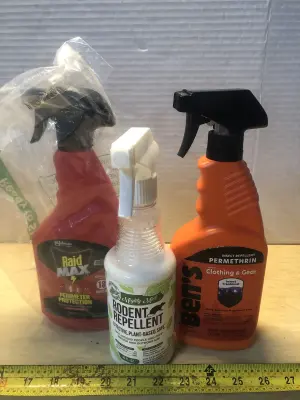 22oz sc Johnson raid max perimeter, 16oz mighty mint rodent repellent, 24oz Bens insect treatment