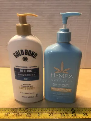 14oz Gold Bond healing lotion, 17oz Hempz body moisturizer