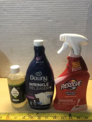 12oz puracy stain remover, 33.8oz Downy wrinkle releaser, 22oz resolve spot stain remover carpet cleaner