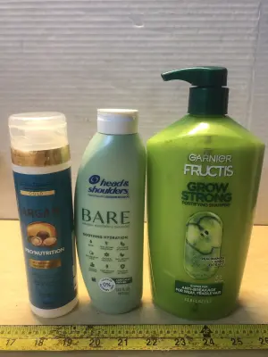10.14oz Kerabrasil argan shampoo, 13.5oz head and shoulders shampoo, 33.8oz Garnier fructis shampoo