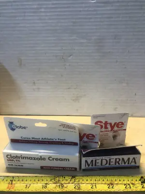 1oz globe clotrimazole cream anti fungal, 2 boxes 0.125oz stye eye ointment, 10g Mederma scar cream